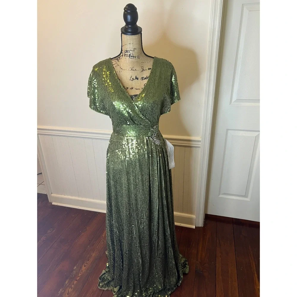 Mac Duggal 10773 size 4 Stunning Olive‎ Green Sequin Wrap Gown Embellished Waist